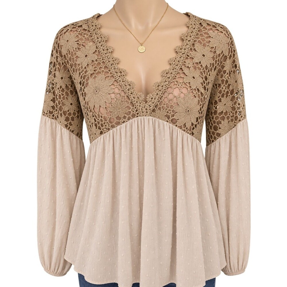 Oddy Boho Floral Embroidery Lace & Swiss Dot Bohemian Blouse Cottagecore Small